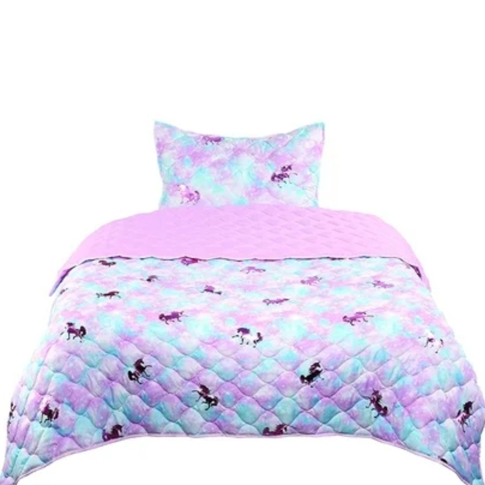 Kids Unicorn Quilted Comforter Set - Purple and Aqua